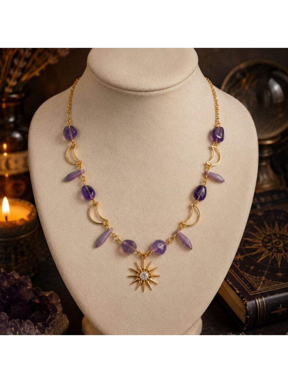 Amethyst Celestial Necklace Purple Gemstone Necklace Moon Star Necklace